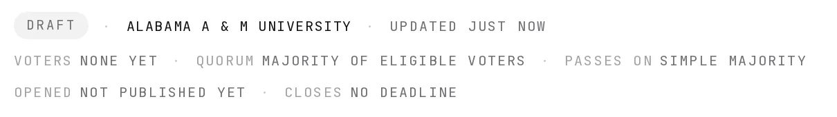 Close-up of the packet’s terms: draft status, Alabama A&M University, voters none yet, quorum majority of eligible voters, passes on simple majority, not published yet, no deadline.