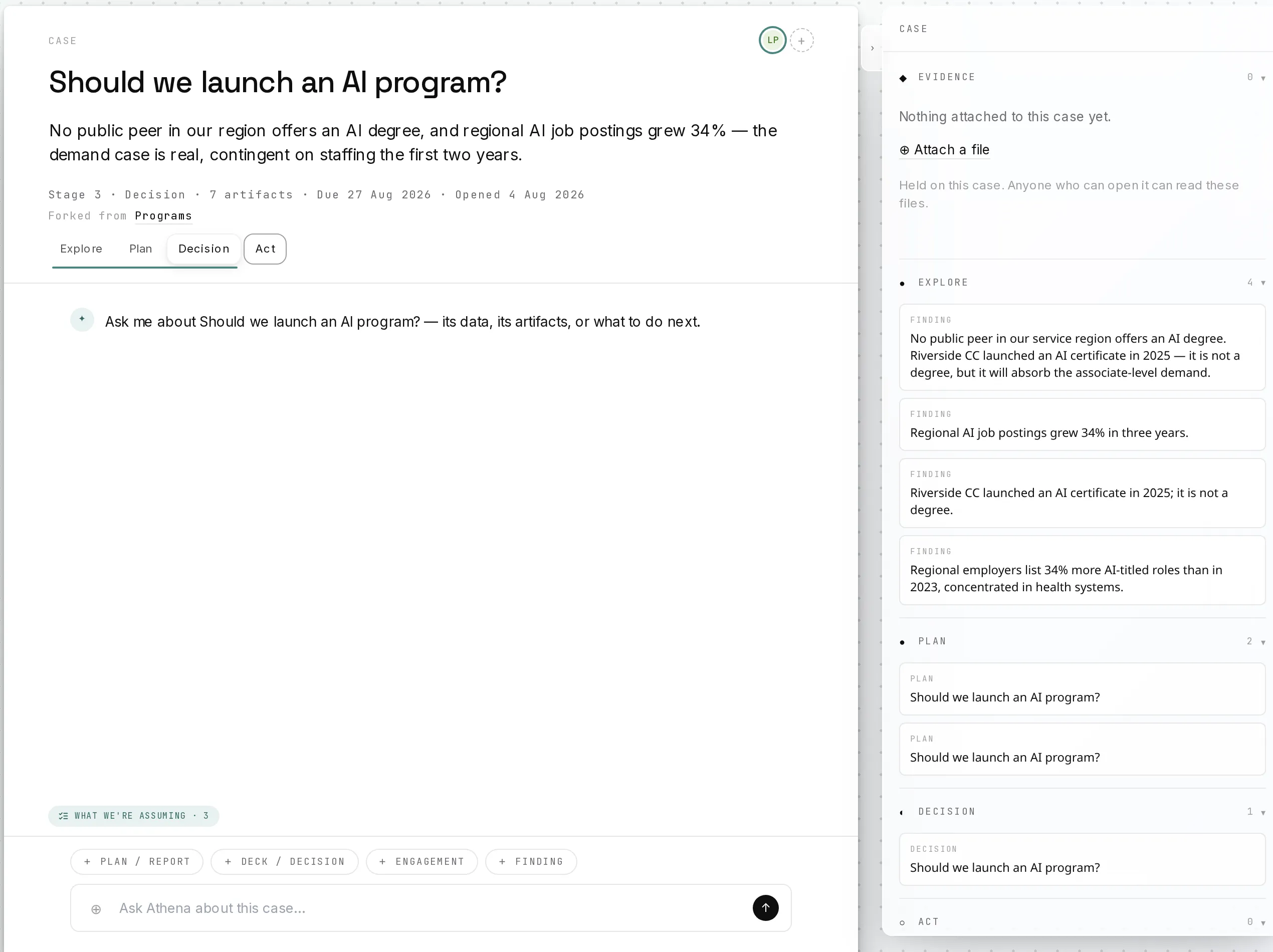 A case page titled ‘Should we launch an AI program?’ with its stage tabs and an evidence inspector listing four findings, two plans and a decision — fading out toward the bottom.