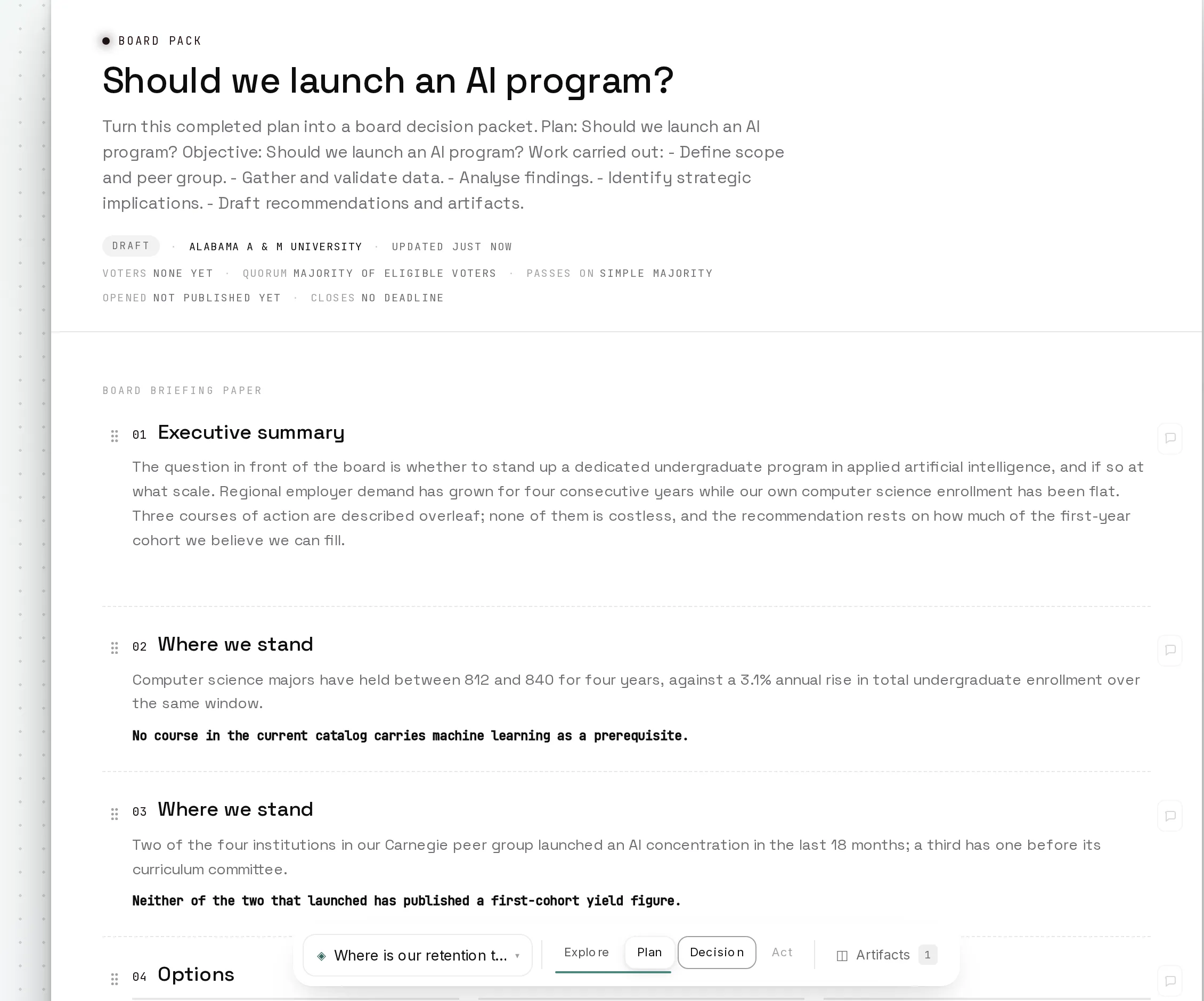 A board pack titled ‘Should we launch an AI program?’ with draft status, voter and quorum lines, and briefing sections — executive summary, where we stand, options — fading out toward the bottom.