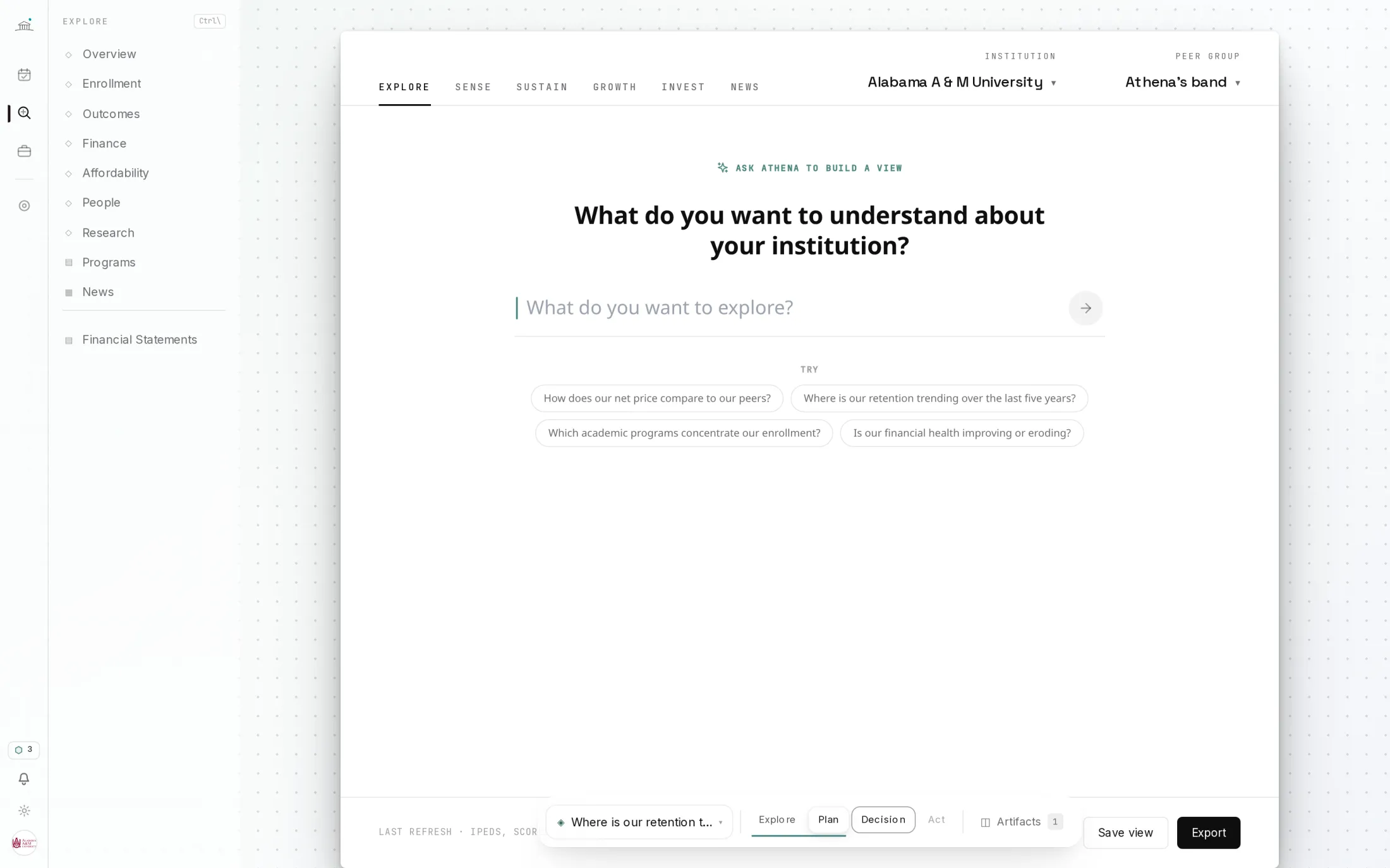The Explore surface: a large prompt reads ‘What do you want to understand about your institution?’ above suggested questions, with the section navigation on the left.