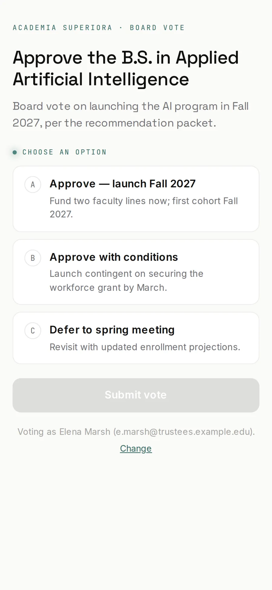 A phone ballot: ‘Approve the B.S. in Applied Artificial Intelligence’ with options A, B and C and a Submit vote button, voting as Elena Marsh.