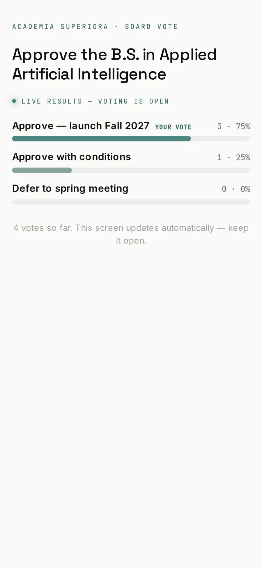 Live results on a phone: Approve — launch Fall 2027 at 75%, Approve with conditions 25%, Defer 0%; four votes so far, voting open.